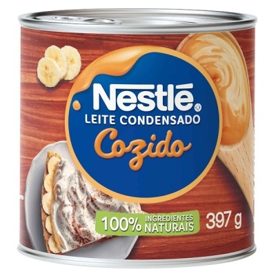 Lata de leite condensado cozido Nestlé 397g com imagem de tarte, banana e caramelo
