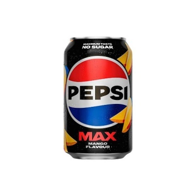 Lata de Pepsi Max sabor manga preta com texto e elementos gráficos coloridos