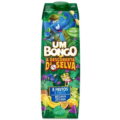 Pacote de sumo Um Bongo com design colorido e texto em português
