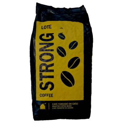 Pacote preto de café torrado em grão com etiqueta amarela e texto