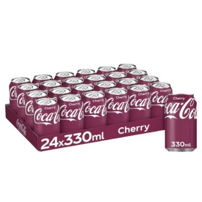 Pack de 24 latas vermelhas escuras de Coca-Cola Cherry com texto branco em embalagem de cartão