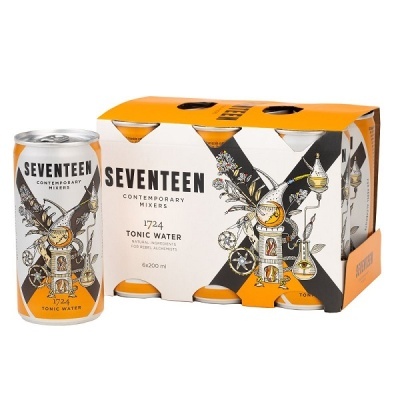 Pack de seis latas de água tónica SEVENTEEN com design laranja, branco e preto.
