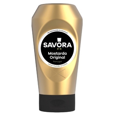 Frasco de Mostarda Original Savora em plástico dourado com tampa preta