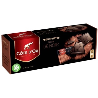 Embalagem de chocolate Côte d'Or Mignonette Noir de Noir preta e vermelha com quadrados de chocolate escuro