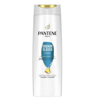 Frasco branco de champô Pantene Pro-V Cuidado Clásico com tampa dourada.