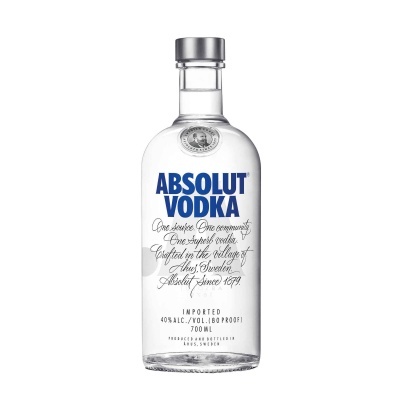 Garrafa de vodka Absolut transparente com texto azul e preto