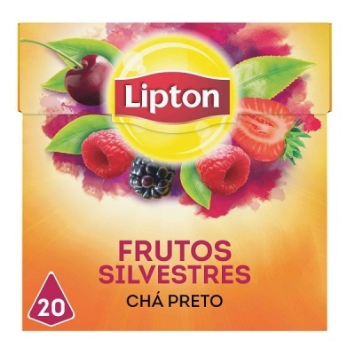 Caixa de chá preto Lipton frutos silvestres com 20 saquetas e ilustrações de frutos