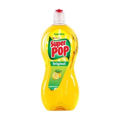 Frasco de detergente amarelo com rótulo Super POP Original