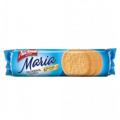 Pacote de bolachas Maria Nacional, embalagem azul com bolachas visíveis
