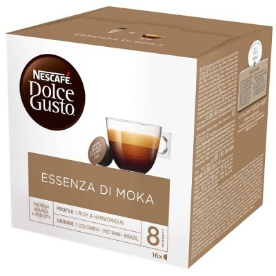 Caixa de cápsulas de café Nescafé Dolce Gusto Essenza Di Moka com imagem de chávena de café