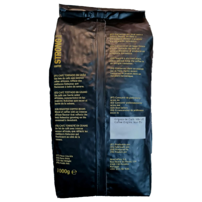 Saco preto de café Lote Strong Coffee 1000g com texto em várias línguas