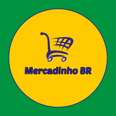 Logótipo com carrinho de compras azul e texto 'Mercadinho BR' em fundo amarelo e verde