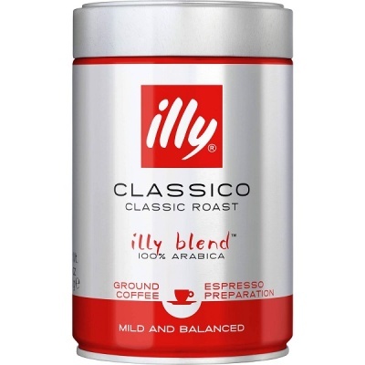 Lata metálica de café Illy Classico blend 100% Arabica, prateada com detalhes vermelhos