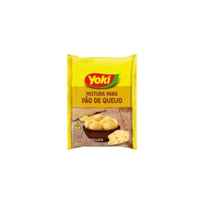 Pacote amarelo de mistura para pão de queijo Yoki com imagem de pão de queijo