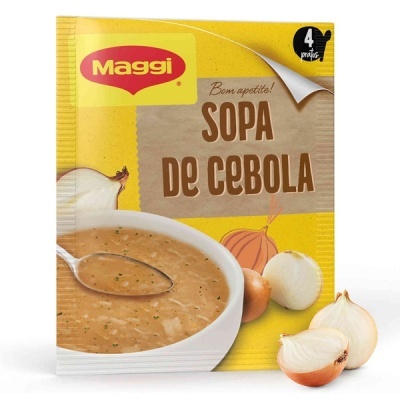 Embalagem de sopa Maggi Sopa de Cebola amarela com tigela de sopa e cebolas ao lado