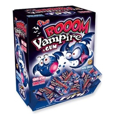 Caixa azul escura de Fini Booom Vampire Gum com ilustração de morcegos cartoons e embalagens individuais.