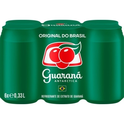 Pack de seis latas de refrigerante Guaraná Antarctica em embalagem verde