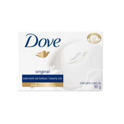 Sabonete Dove Original embalagem branca com texto azul e dourado e logo da pomba