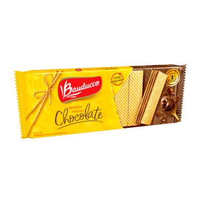 Pacote amarelo e castanho de wafer sabor chocolate Bauducco