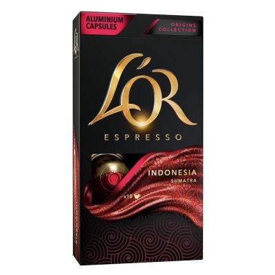 Embalagem preta e vermelha de cápsulas de café L'OR Espresso Origins Indonesia Sumatra