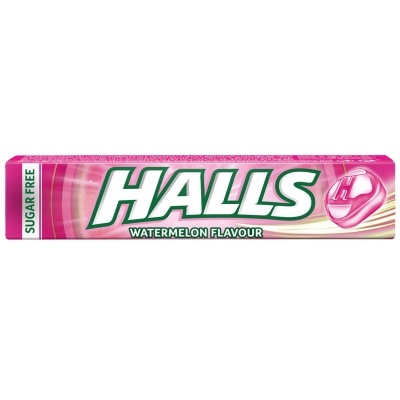 Embalagem rosa de pastilhas Halls sabor melancia sem açúcar