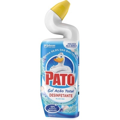 Gel desinfetante PATO Ação Total Marine com tampa amarela e rótulo azul