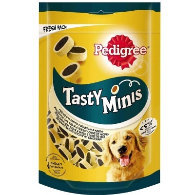 Embalagem Pedigree Tasty Minis para cães com imagem de cão e texto de ingredientes.