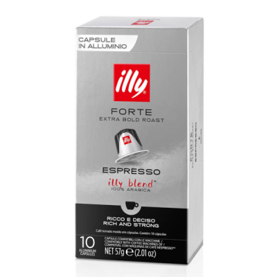 Caixa prateada e preta de cápsulas de café illy FORTE EXTRA BOLD ROAST espresso com 10 cápsulas