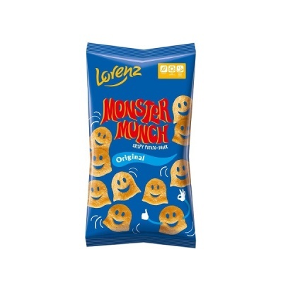 Embalagem azul de snacks Lovenz Monster Munch Original com figuras sorridentes