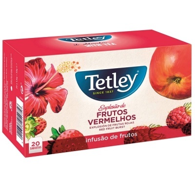 Caixa de chá Tetley Explosão de Frutos Vermelhos com 20 saquetas, decorada com frutos vermelhos e flores