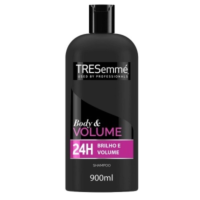 Frasco de shampoo TRESemmé preto com texto branco e roxo