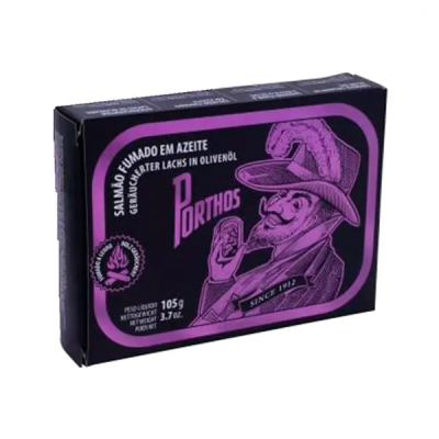 Embalagem preta e roxa de salmão fumado em azeite Porthos