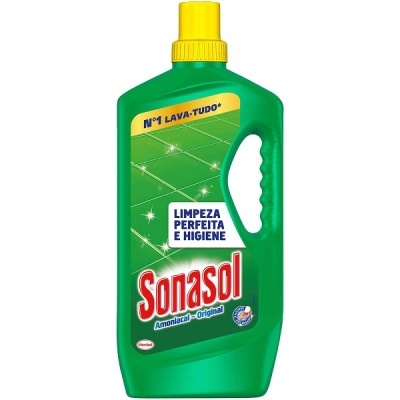 Produto de limpeza Sonasol em embalagem verde com tampa amarela e texto em etiqueta