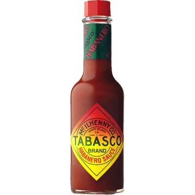 Garrafa de vidro de molho Tabasco Habanero com rótulo amarelo e vermelho