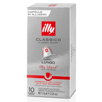 Caixa prateada de cápsulas de café illy Classico Lungo