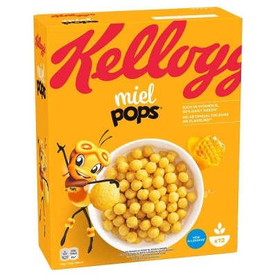 Caixa de cereais Kellogg's Miel Pops amarela com personagem de abelha animada e taça de cereal