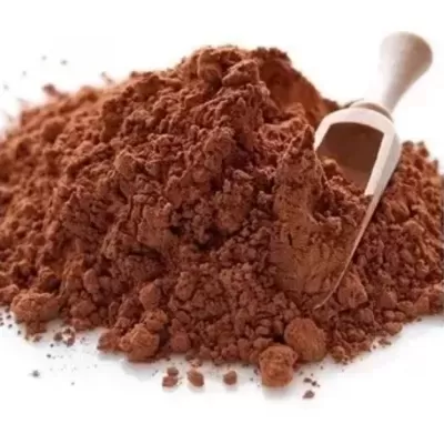 Pó castanho avermelhado com colher de madeira em fundo branco