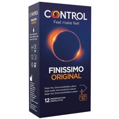 Embalagem escura de preservativos Control Finissimo Original com detalhes em laranja e texto branco.