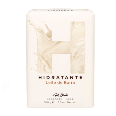 Embalagem creme de sabonete Ach Brito com texto Hidratante Leite de Burra