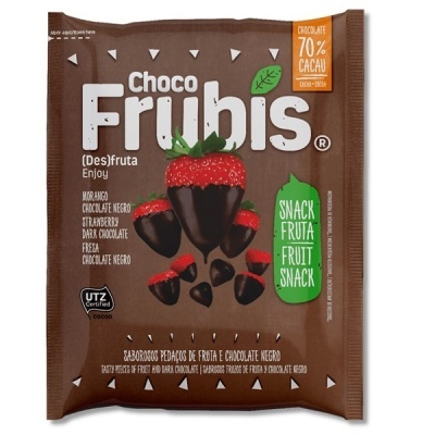 Embalagem castanha de snack Choco Frubis com morangos cobertos de chocolate.