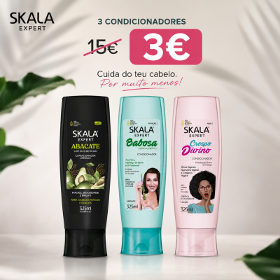 Três condicionadores Skala Expert em embalagens preto, azul claro e rosa com texto promocional em português.