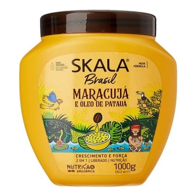 Pote amarelo de Skala Brasil Maracujá e Óleo de Patauá com ilustrações amazónicas