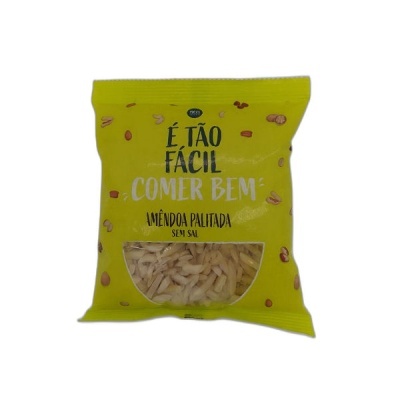 Pacote amarelo de amêndoa palitada sem sal com texto em português