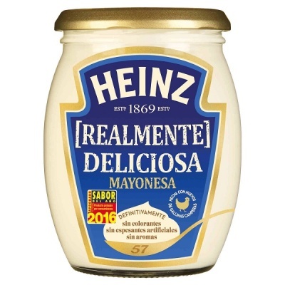 Frasco de maionese Heinz com rótulo azul e branco e tampa dourada