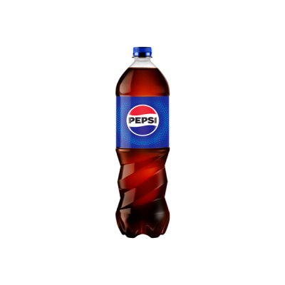 Garrafa de refrigerante Pepsi de plástico com rótulo azul e vermelho e tampa azul
