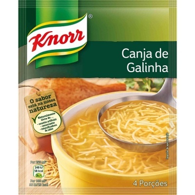 Pacote de Knorr Canja de Galinha com imagem de sopa em taça amarela