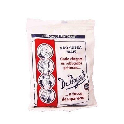Pacote branco de rebuçados peitorais Dr. Bayard com ilustrações e texto em português
