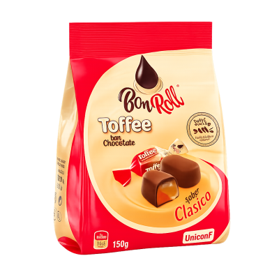 Pacote vermelho e bege de doces Bon Roll Toffee com chocolate e recheio visível