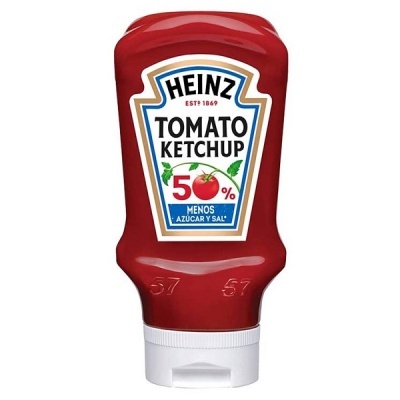 Frasco de ketchup Heinz com rótulo e tampa branca
