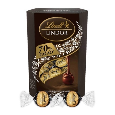 Caixa castanha de bombons Lindt LINDOR 70% cacau com dois bombons dourados e pretos